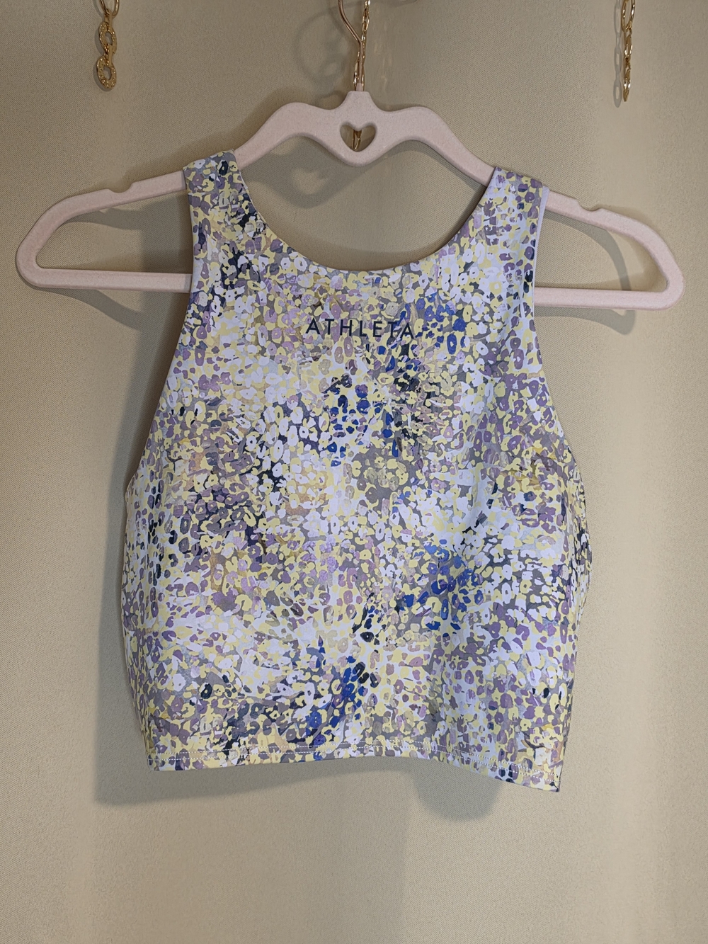 Athleta Pastel Floral High-Neck Crop Top in Lavender and Cream